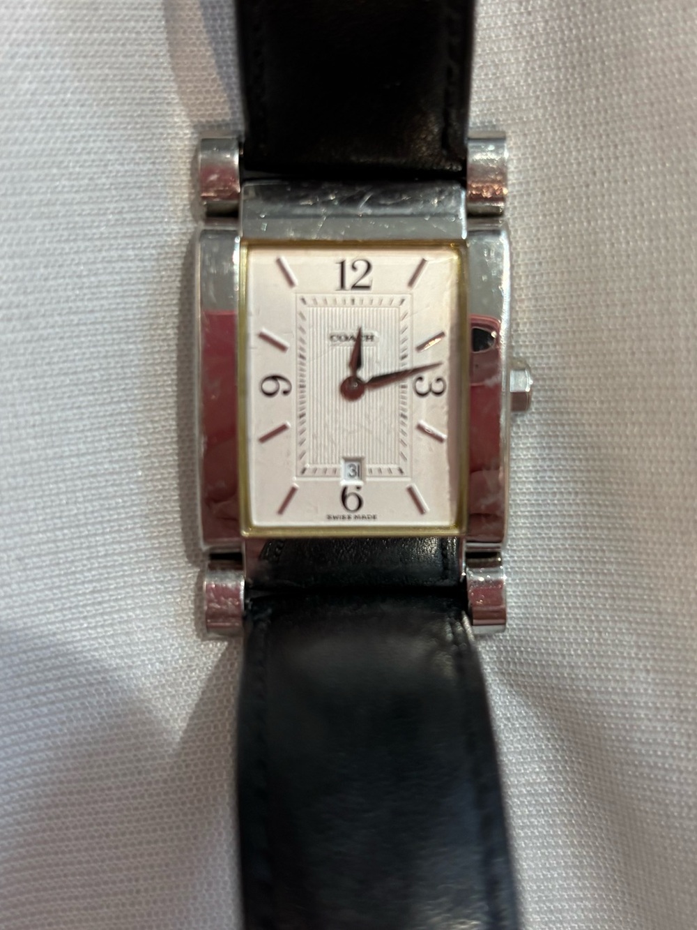 Coach Rectangle Stainless Steel Watch with Black Leather Strap